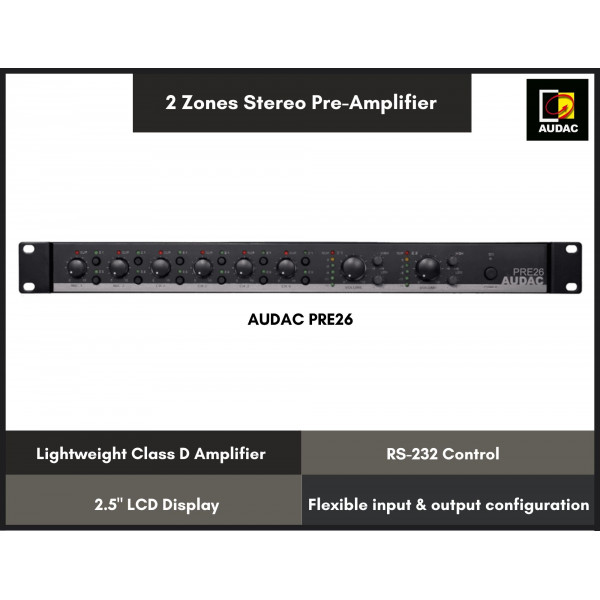 AUDAC PRE26 2 Zones Stereo Pre-Amplifier with 2 Microphone Inputs
